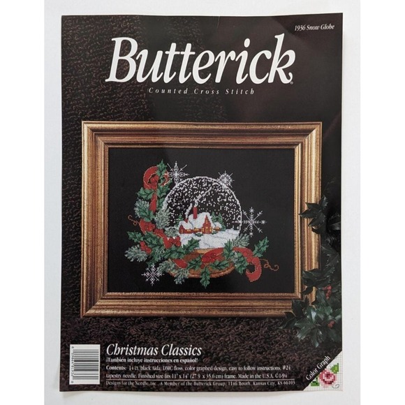 Butterick Counted Cross Stitch Kit Christmas Classics Snow Globe No. 1936 11x14" - Picture 2 of 4